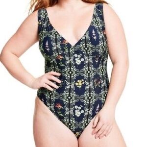 Aguabendita Womens 1X One Piece Swim Suit Navy Blue Floral Print Cheeky Soft Cup